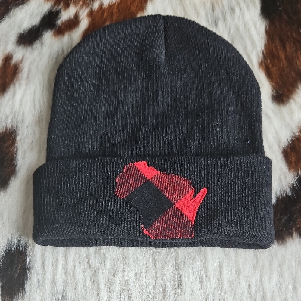 Kids Black and Red Plaid Beanie With Wisconsin Patch